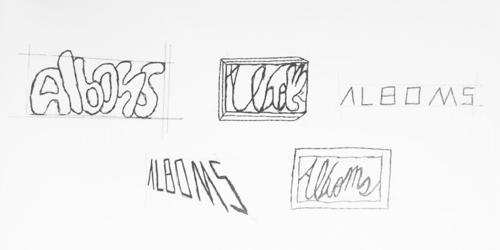 Five pencil sketches of “Alboms”: chunky bubble letters, a boxed version, wide spaced capitals, tall condensed letters, and a framed script