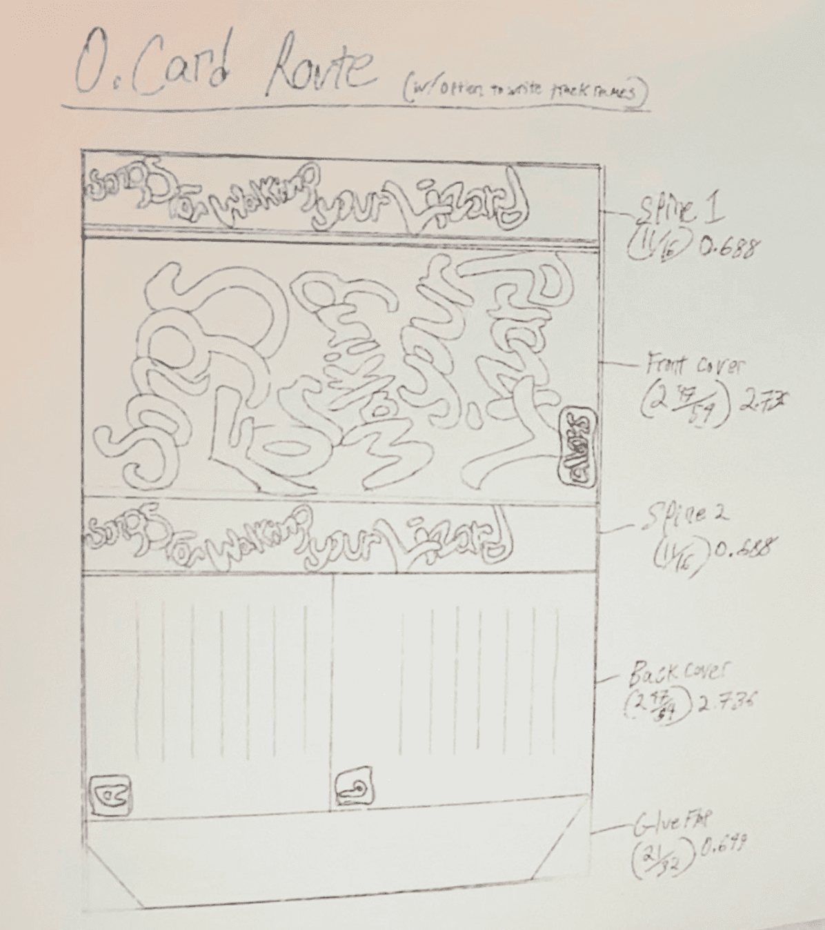 A pencil sketch titled “O-Card Route (w/ option to write track names)”: “songs for walking your lizard” in bubble letters across spine 1, a big front cover and spine 2, then a back cover ruled into two columns for track names and a glue flap, each panel labeled with its height