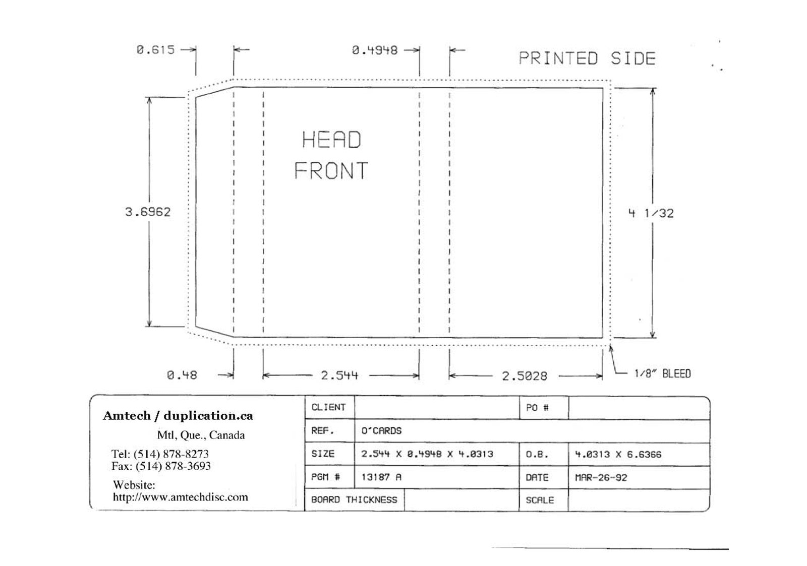 Amtech’s O-card die-cut template: the printed side split into head and front panels, dimensioned at 0.615, 0.4948, 2.544, 2.5028, 3.6962 and 4 1/32 inches, with a 1/8 inch bleed and a title block reading REF O’CARDS, size 2.544 × 0.4948 × 4.0313