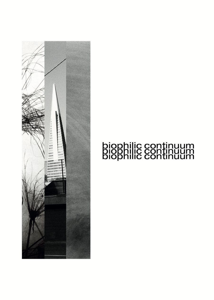The lookbook cover: “biophilic continuum” set three times, overlapping, beside a tall black-and-white photo of a glass tower and bare branches