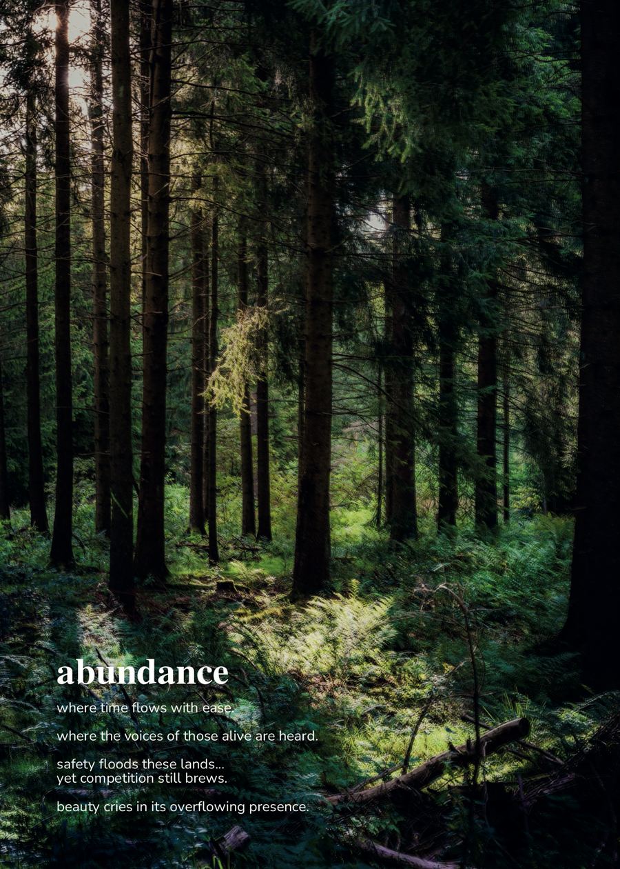 The Abundance opener in the lookbook: a dense green forest floor with the act’s poem in white