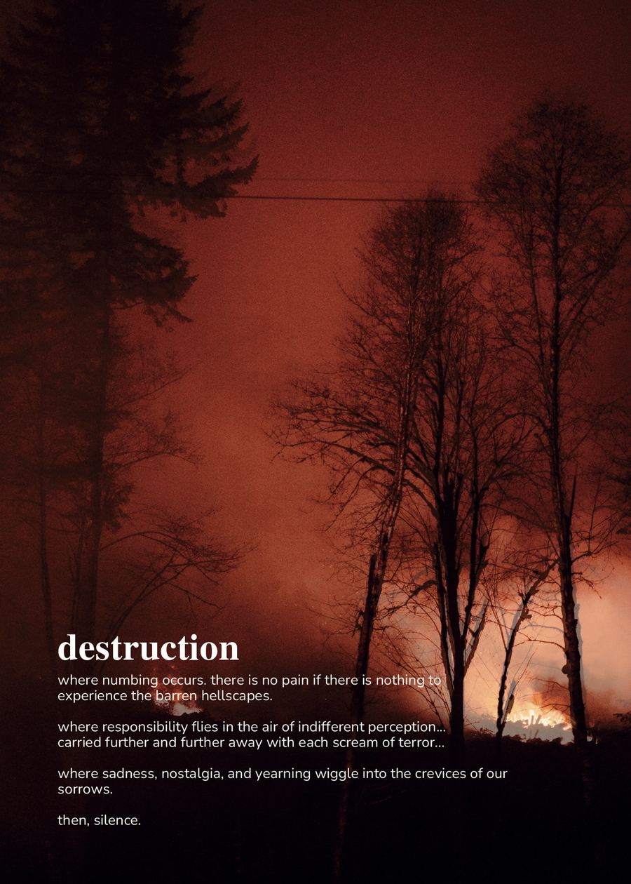 The Destruction opener: bare trees against the red glow of a wildfire, with the act’s poem in white