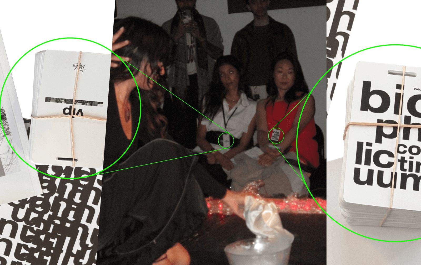 Show night: guests watching a performance from the floor, badges circled on two of them, with close-ups of a VIP stack and a front stack tied with twine
