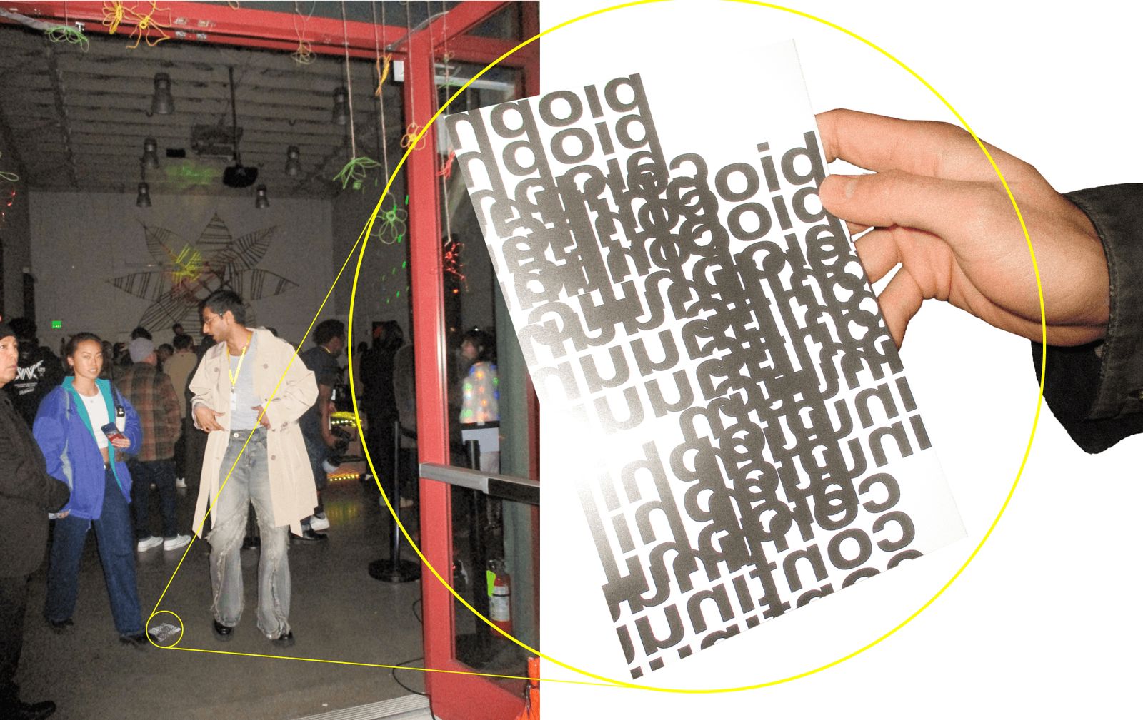 Show night: a model walks past guests, and a circled close-up shows a hand holding the program, its overprinted cover facing out