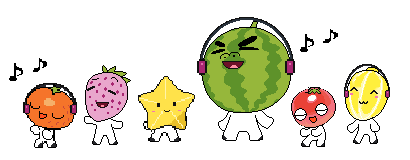 A parade of fruit characters in little black shoes marching: an orange in headphones, a beaming pink strawberry, a starfruit, a big, grinning watermelon in headphones, a red tomato, and a yellow melon in headphones
