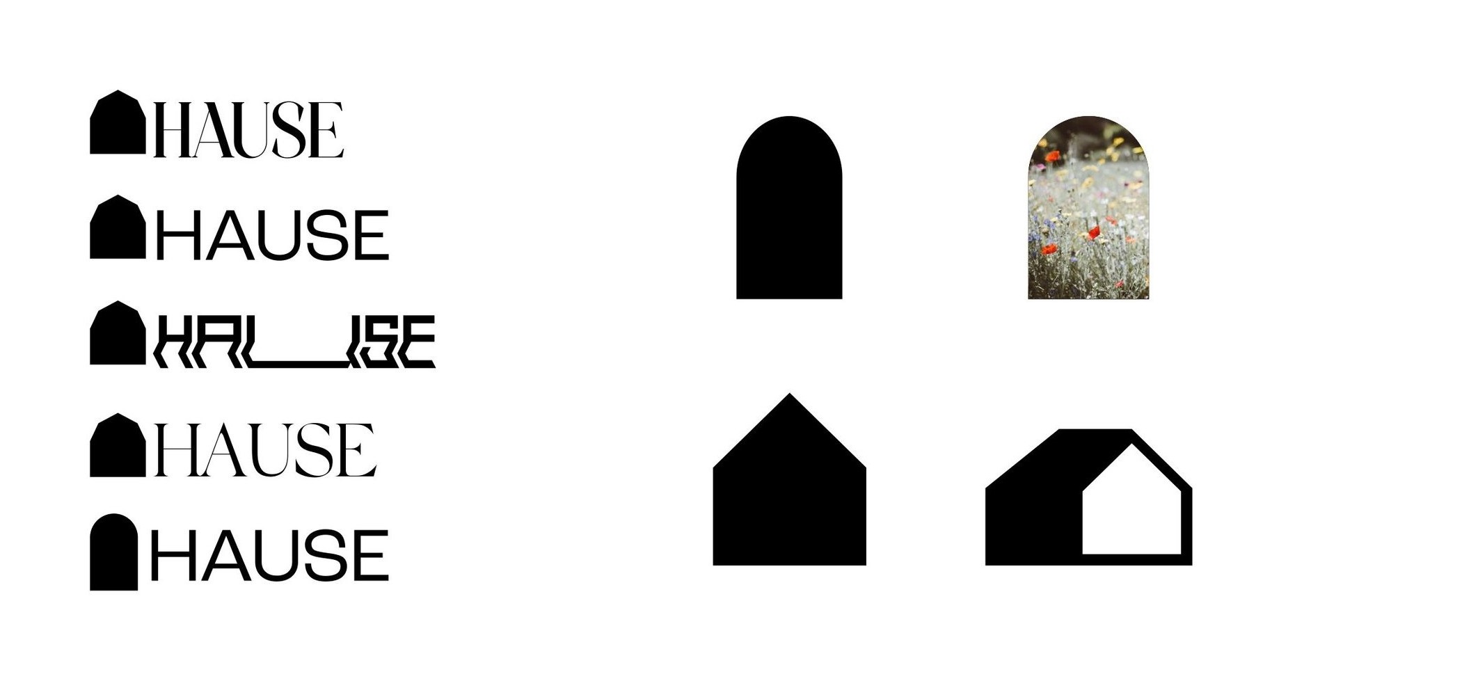 Five HAUSE wordmark options beside four mark shapes: a rounded arch, an arch filled with a photo, a solid pitched house, and an outlined pitched house