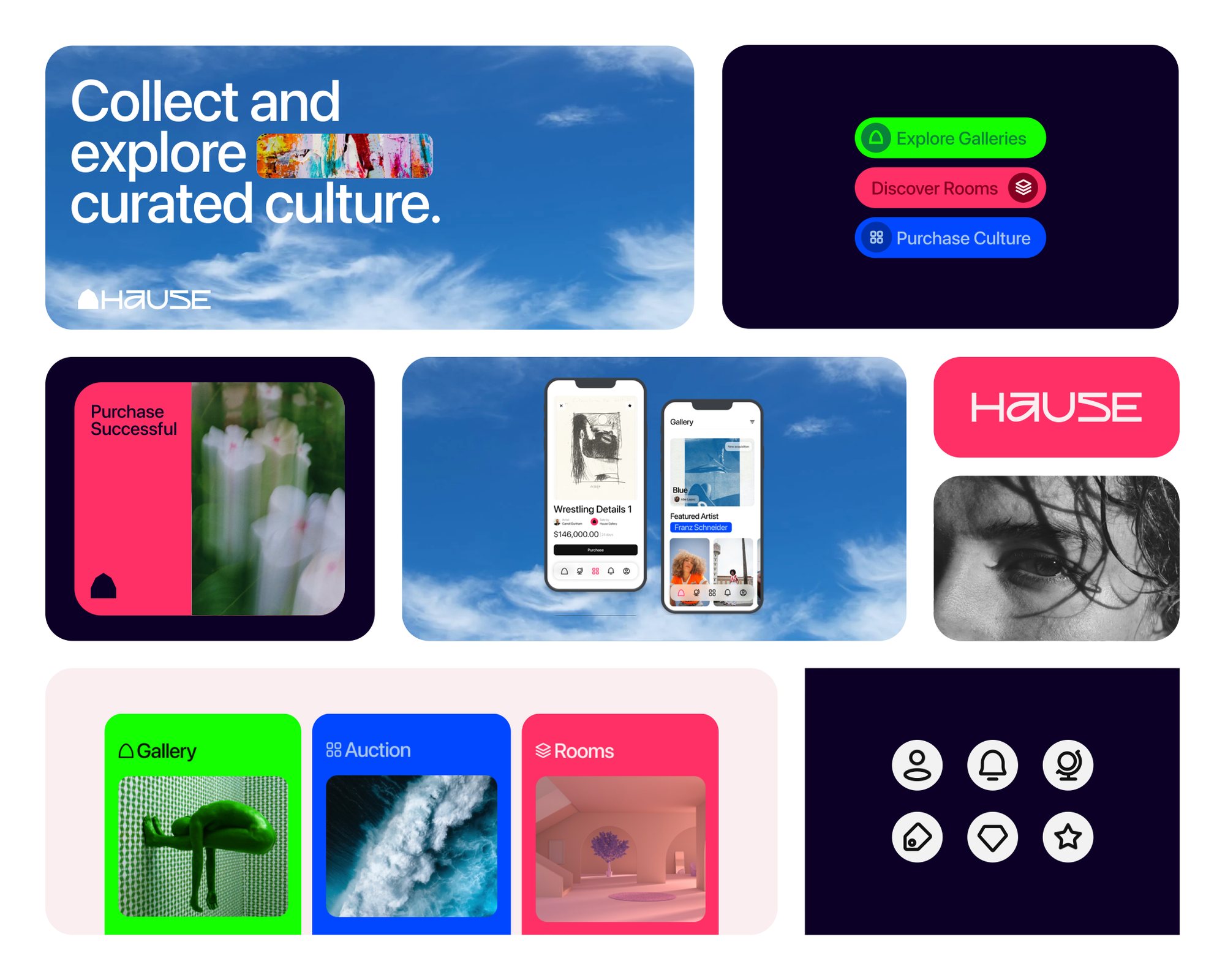 A bento grid of Hause pieces: “Collect and explore curated culture.” over sky, the wordmark on pink, app screens, and the three wing cards