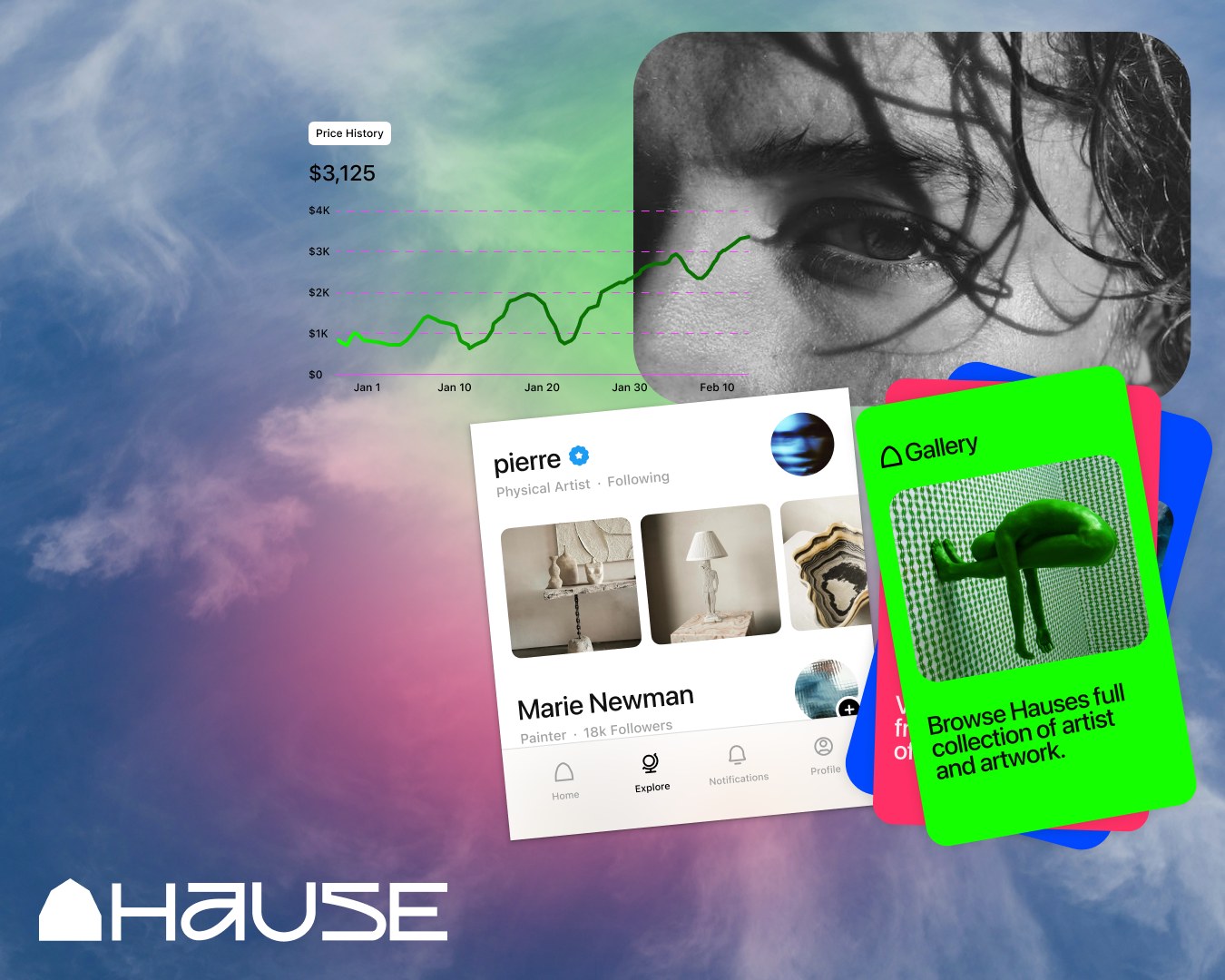 Hause cover: a pink and blue cloudy sky with a price history chart, a black-and-white portrait, an artist profile card, and the fanned Gallery card, signed with the white Hause wordmark