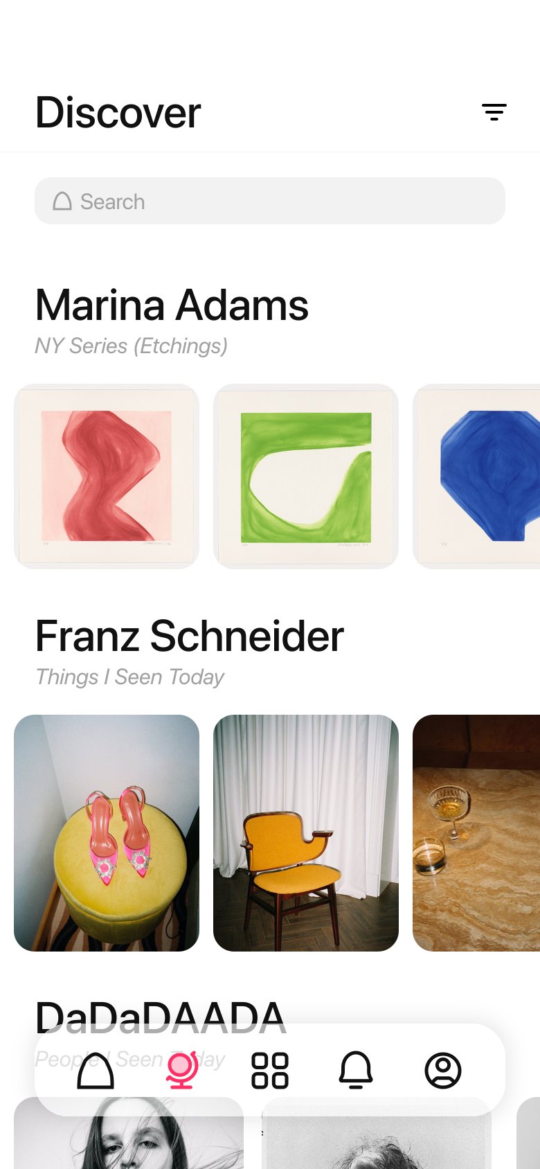 Discover screen with a search bar and rows of work by Marina Adams and Franz Schneider