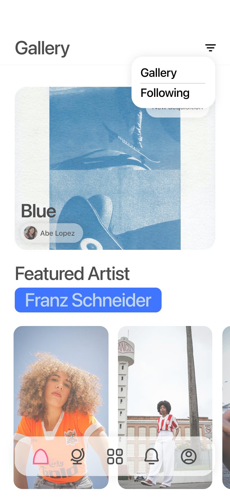 Gallery with a menu open to switch between Gallery and Following, above a Featured Artist label for Franz Schneider