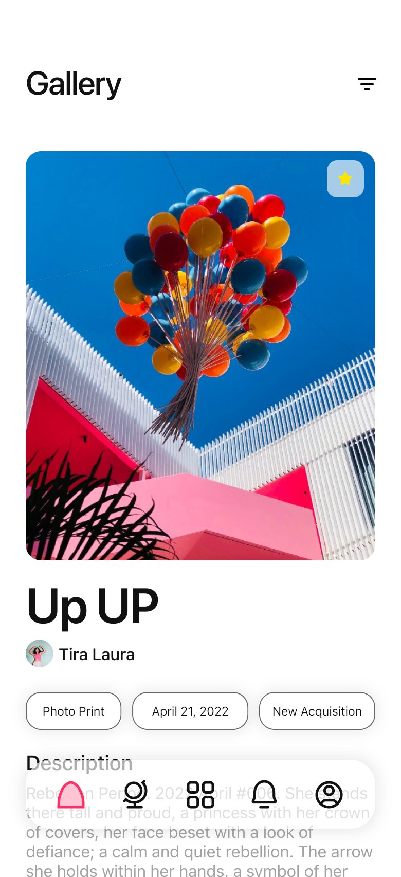Gallery feed showing a new acquisition, “Up UP” by Tira Laura, a photo of balloons over pink architecture
