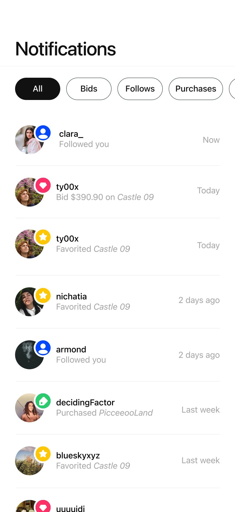 Notifications filtered by All, Bids, Follows, and Purchases, listing new followers, bids, and favorites