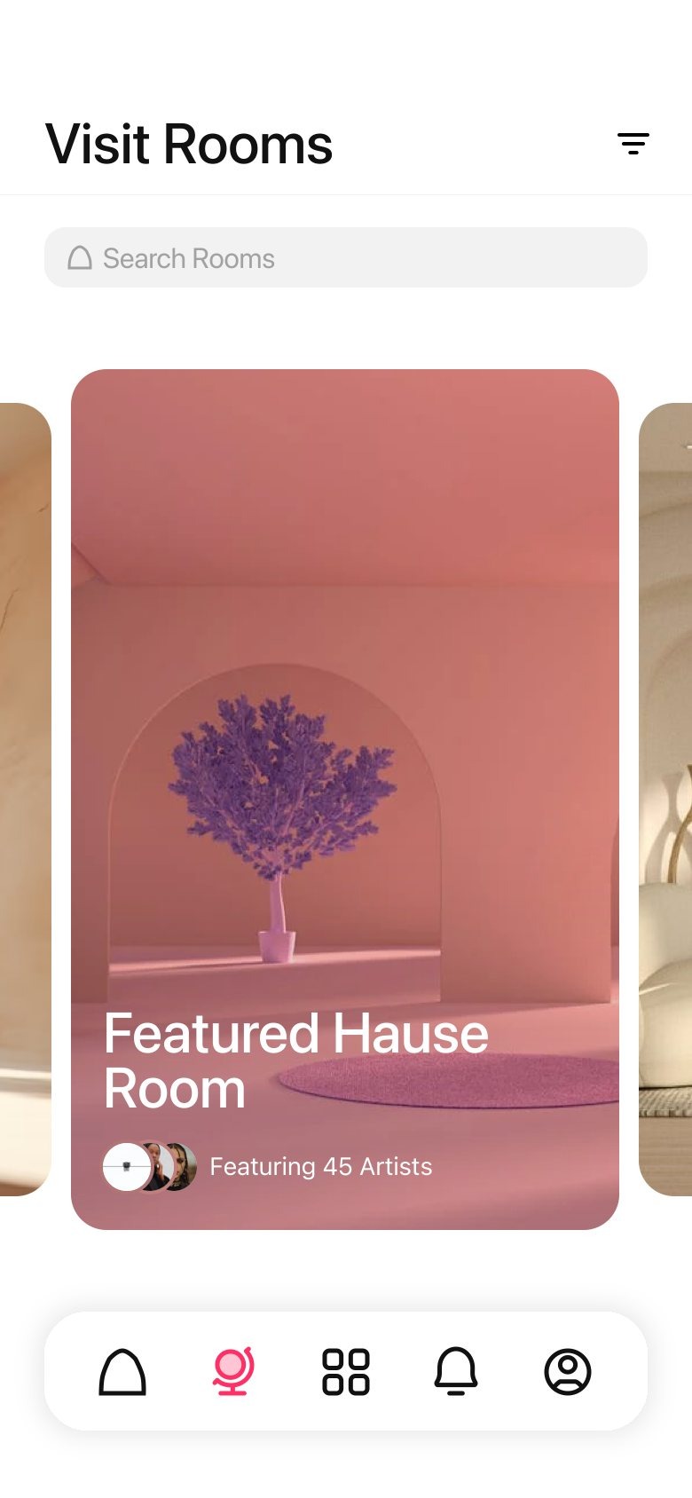 Visit Rooms screen featuring a pink, arched “Featured Hause Room” with 45 artists