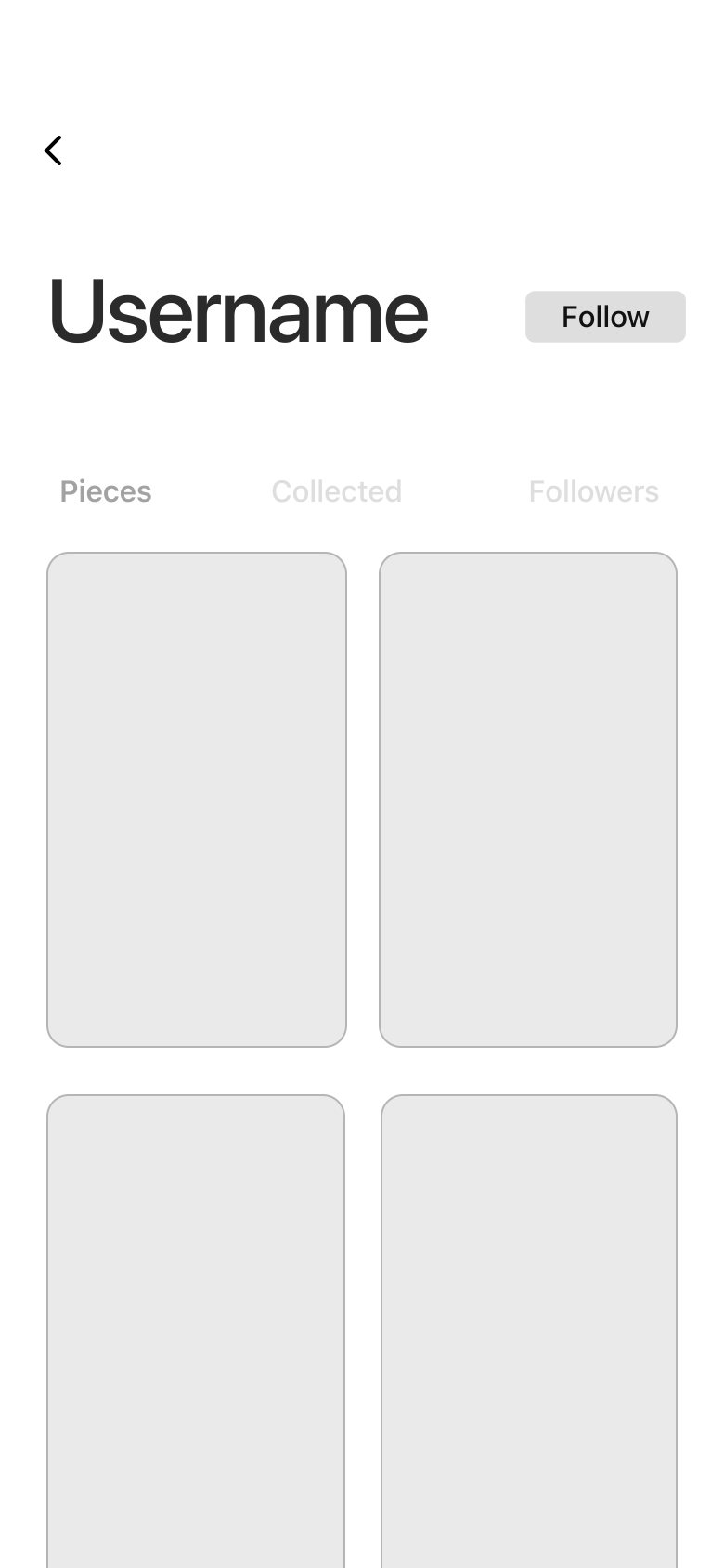 Wireframe of an artist profile with a Follow button and Pieces, Collected, and Followers tabs