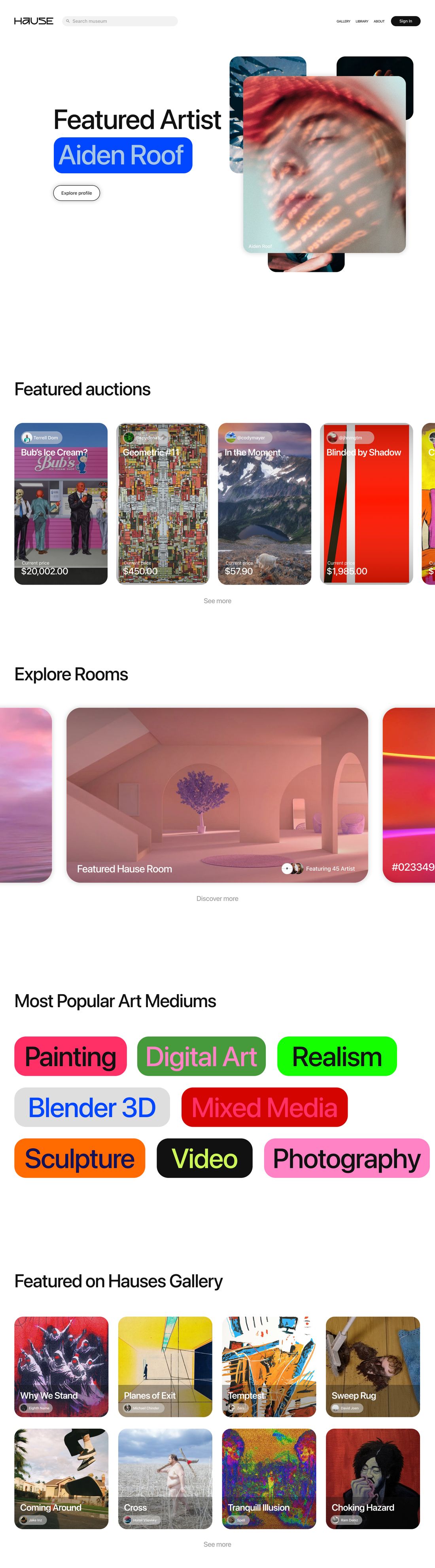 The exhibition page with featured artist Aiden Roof, featured auctions, rooms to explore, colorful medium tags, and a grid of gallery pieces
