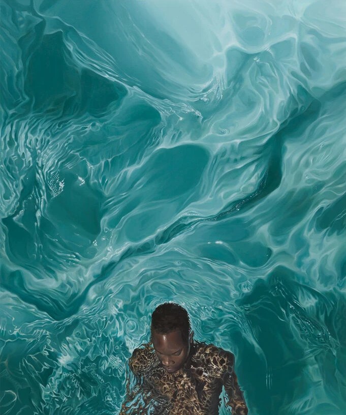 High Tide, Heavy Armor by Calida Rawles: a painting looking down into rippling turquoise water, a young Black man waist-deep at the bottom, light dappling his shoulders