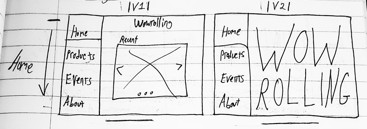 Two wireframes of the home section, each with a side nav: one with a carousel of recent items, one with WOW ROLLING filling the page