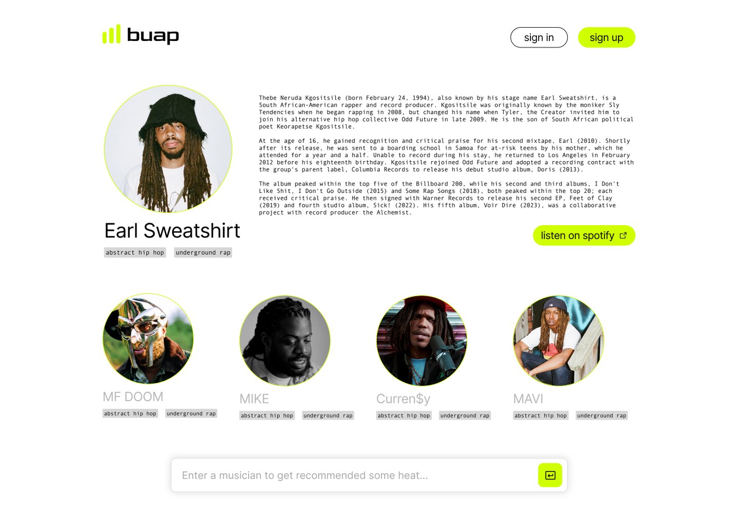 buap with a long biography of Earl Sweatshirt beside his photo, above the row of recommendations