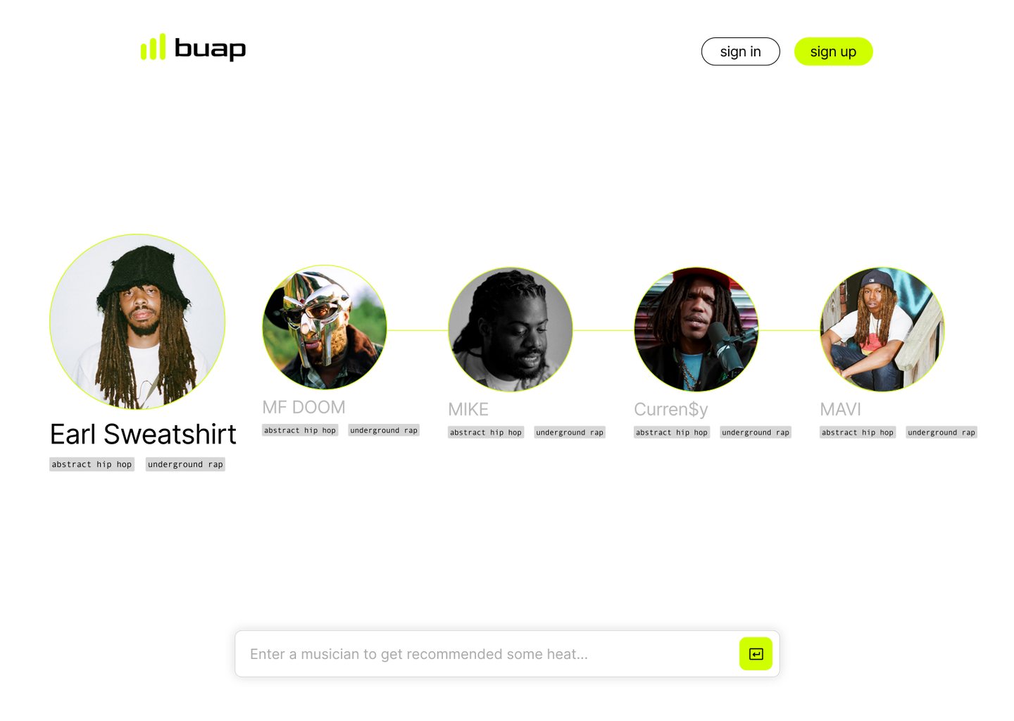buap with Earl Sweatshirt first and the recommendations in a single row joined by a line