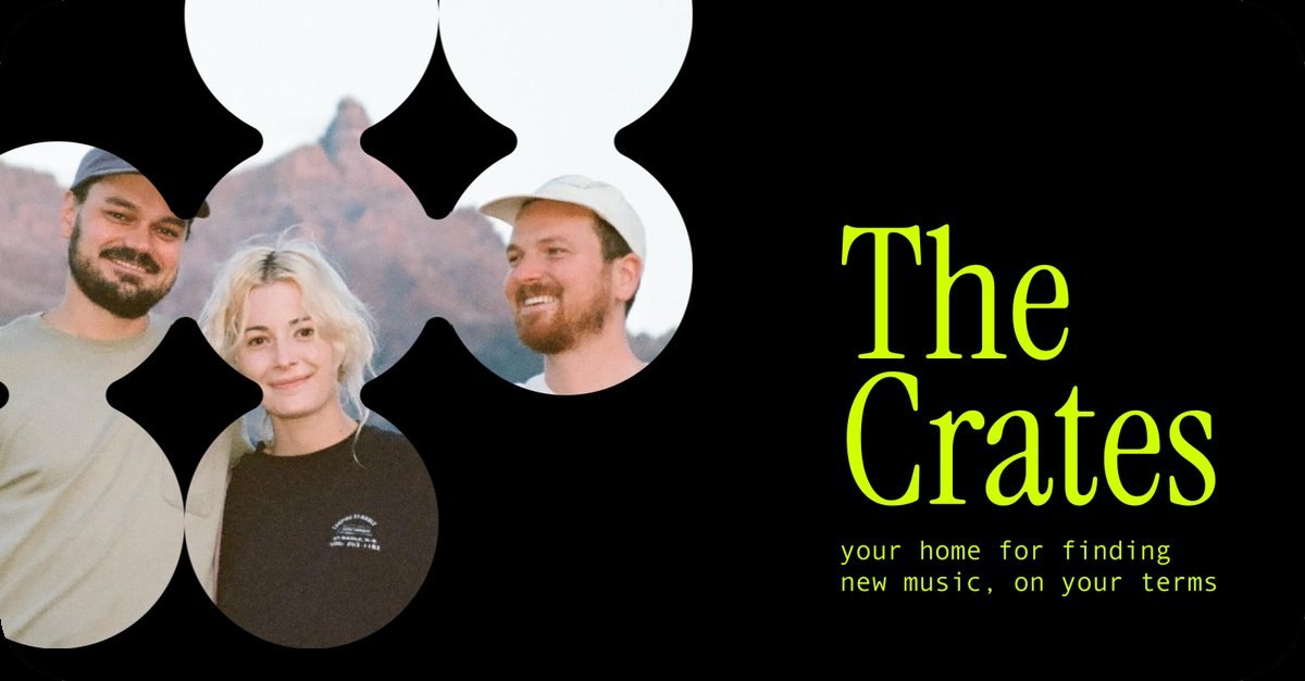 The same card with “The Crates” in a lime serif
