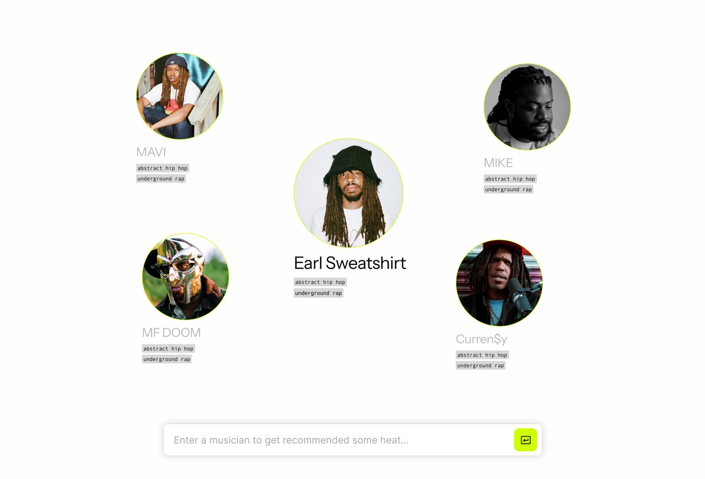 Earl Sweatshirt with four artists floating around him and no lines, over the search box