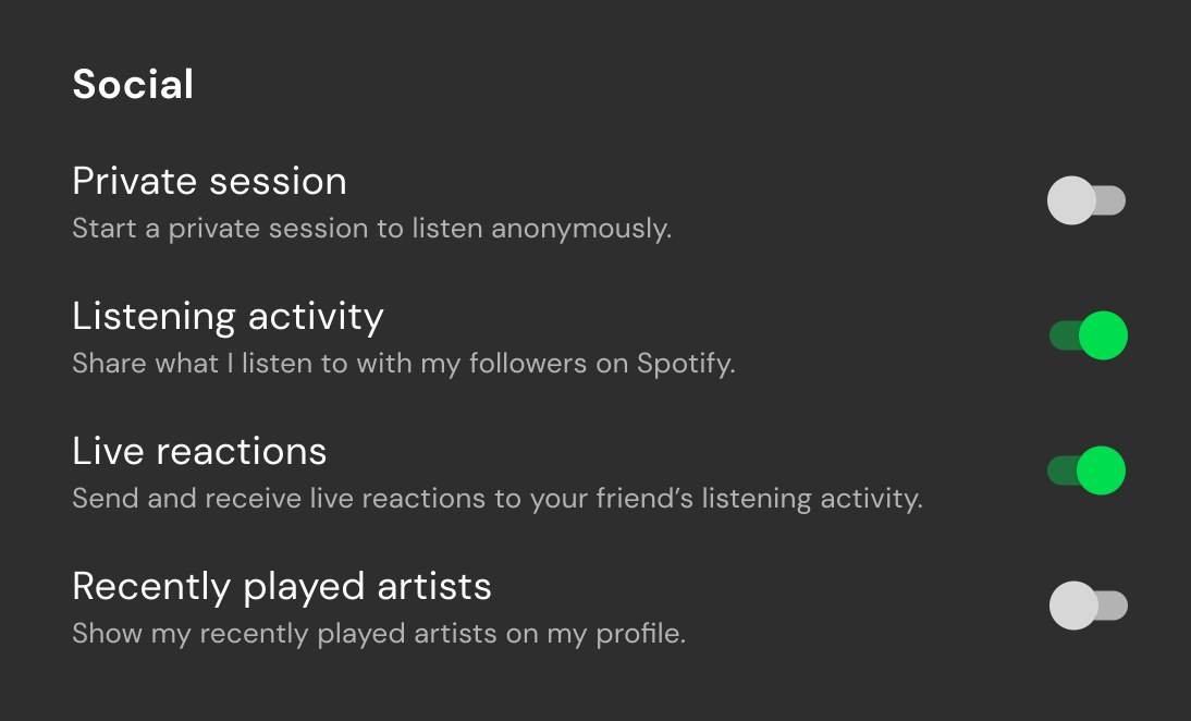 The Social settings: Private session off, Listening activity on, Live reactions on (“Send and receive live reactions to your friend’s listening activity”), and Recently played artists off
