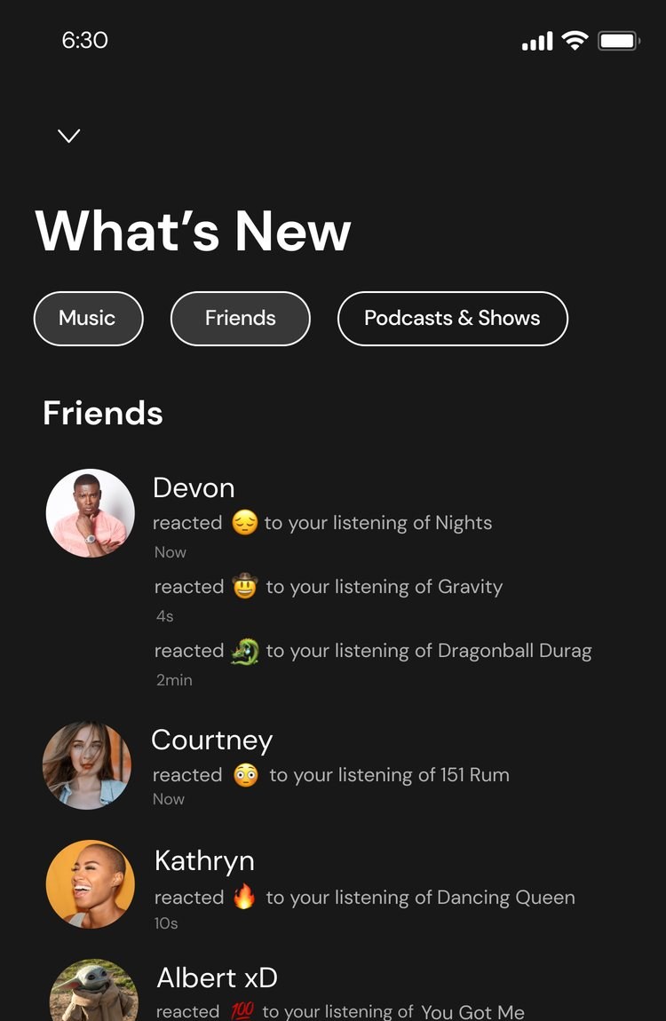 The mobile What’s New screen: under Friends, Devon’s three reactions (to Nights now, to Gravity 4s ago, to Dragonball Durag 2min ago), then Courtney, Kathryn, and Albert xD, each with a timestamp
