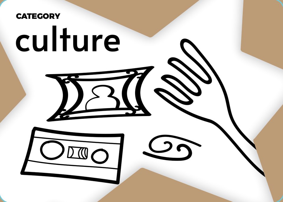 Category card: culture, a dollar bill, a ticket, a swirl, and a hand, on a white star burst over tan