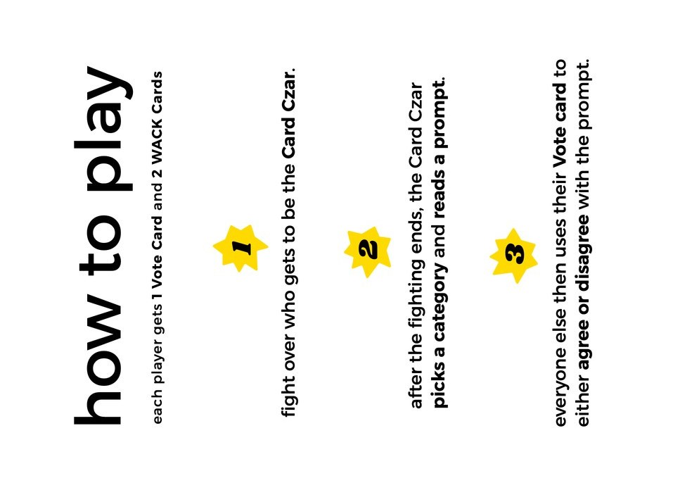The how to play card’s front: steps 1 to 3, each under a small yellow star