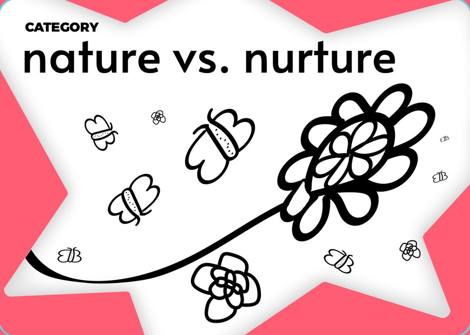 Category card: nature vs. nurture, a big flower on a curling stem with butterflies, on a white star burst over coral