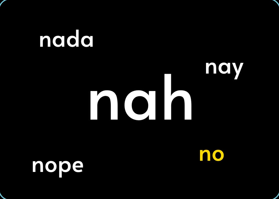 The Vote card’s black side: nah, with nada, nay, nope, and no around it