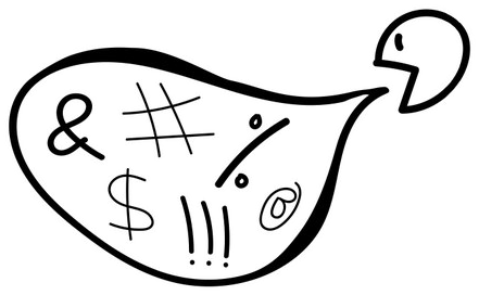 A speech bubble full of scribbled symbols, coming out of a small open mouth