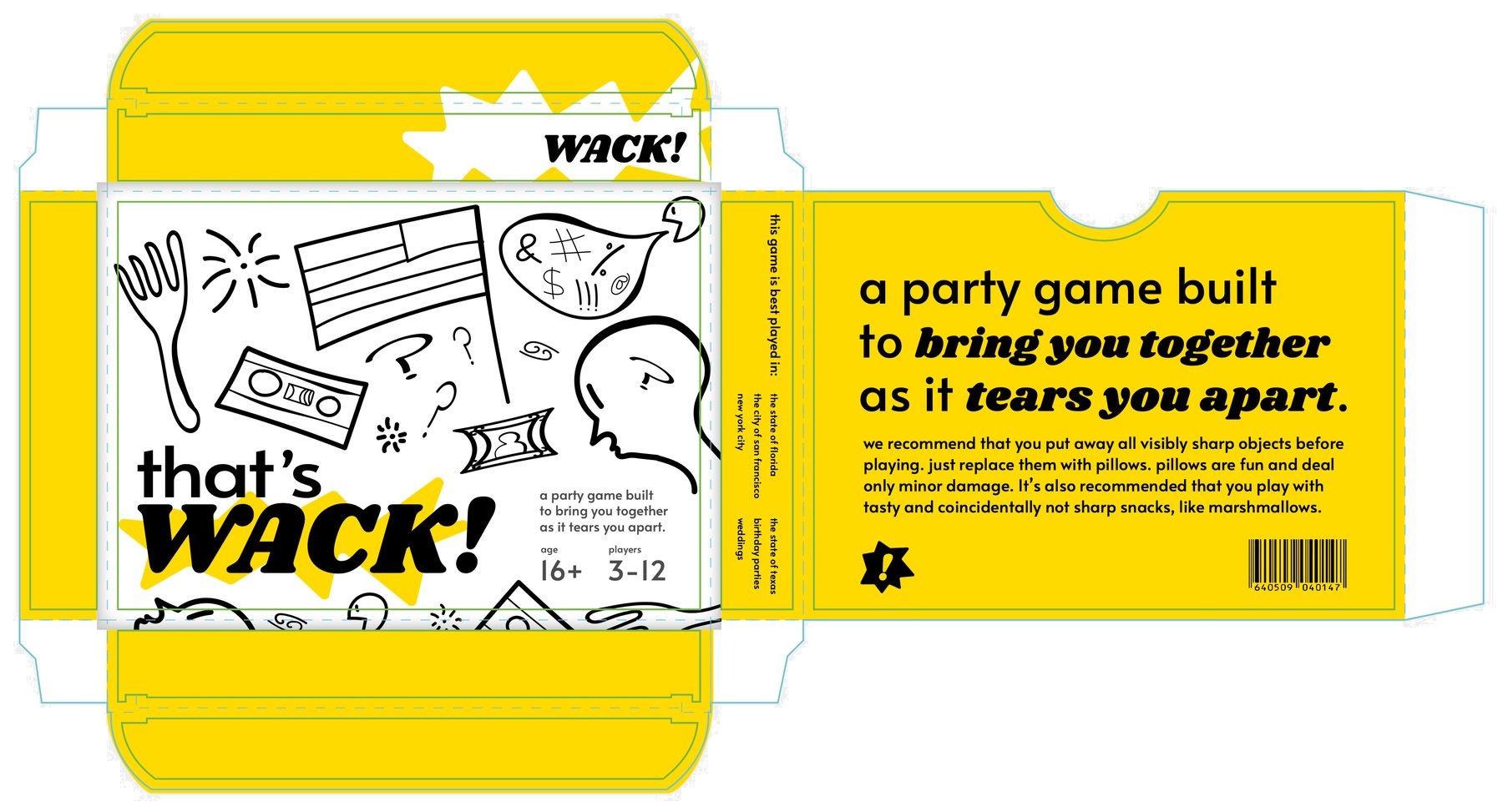 The box dieline laid flat: the doodled front with the logo, the yellow back with the pitch and warning, and the side and tuck flaps