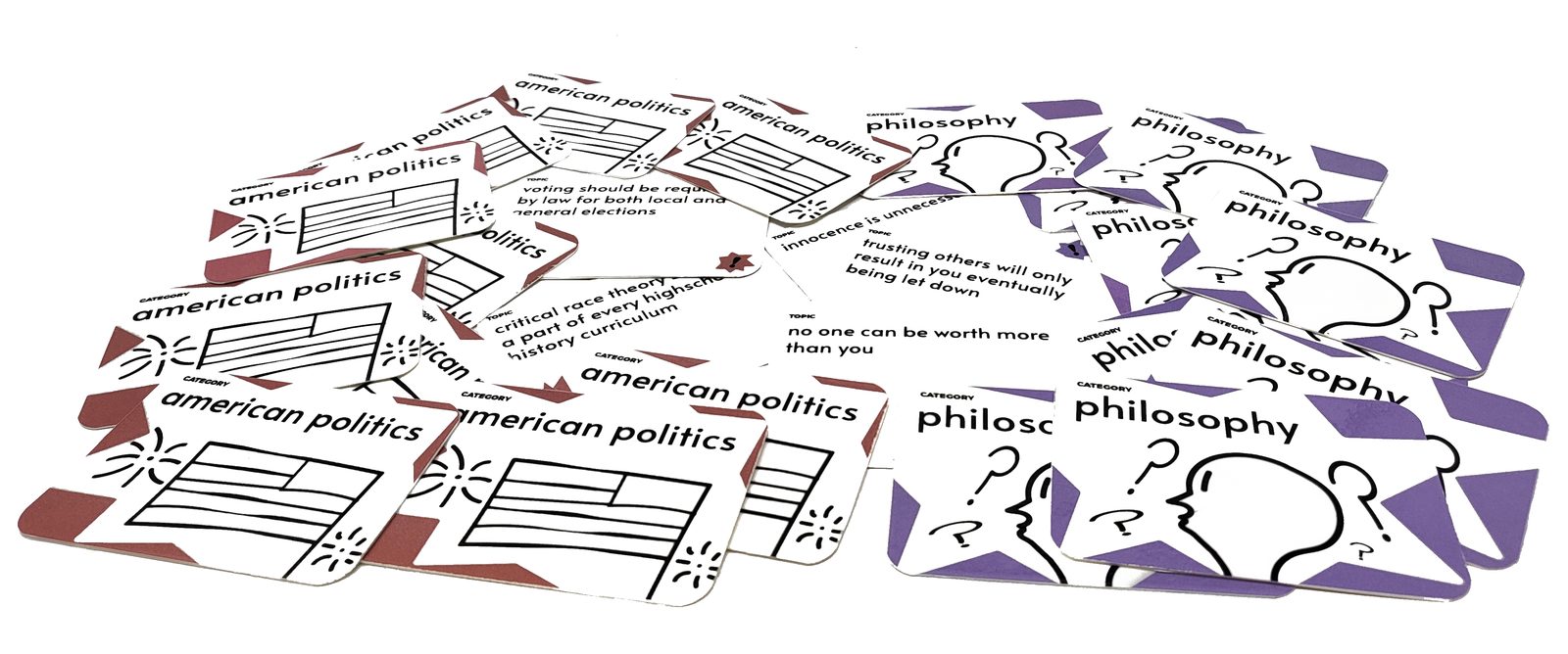 Printed category cards spread across a table, american politics and philosophy on top