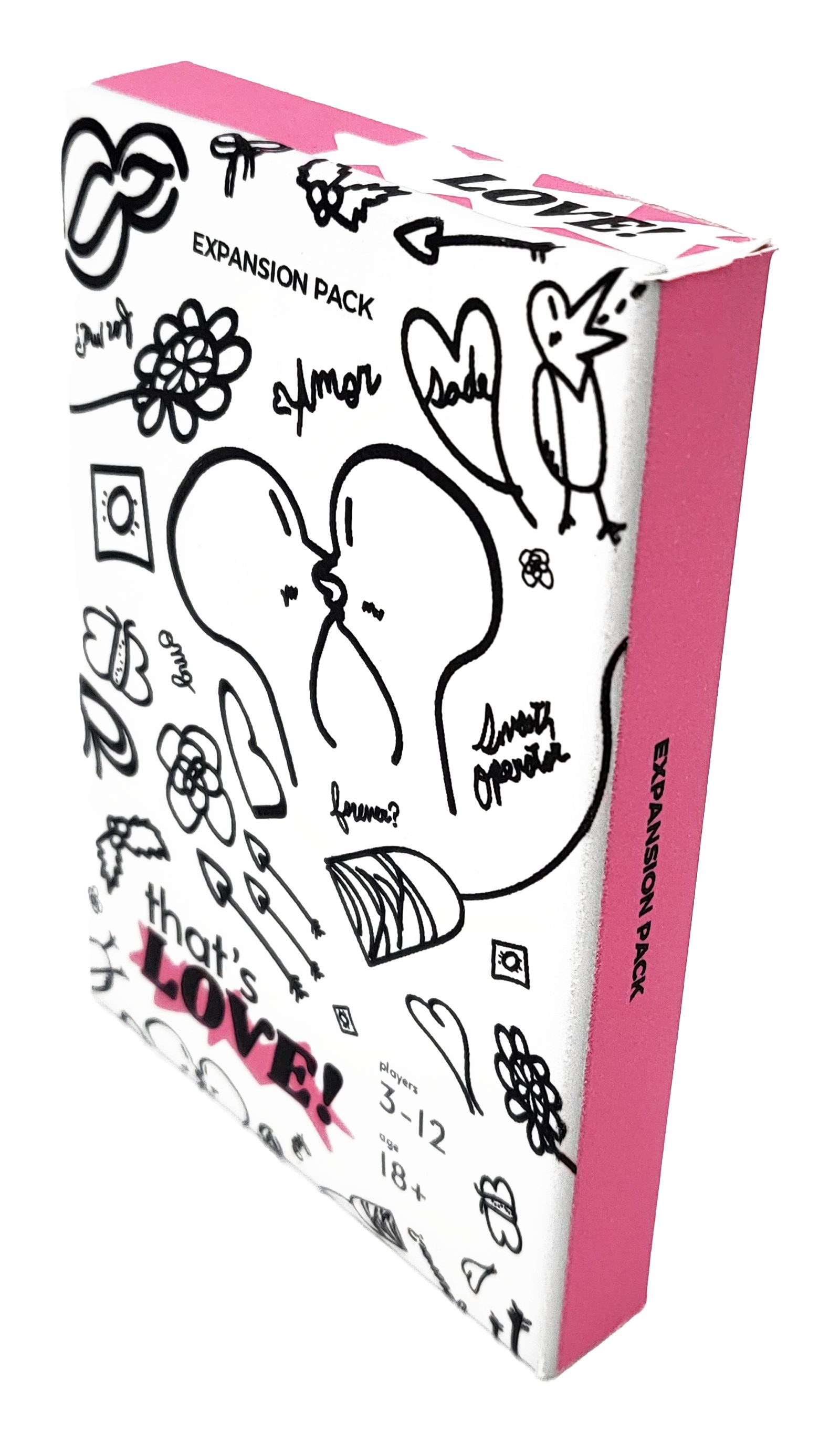 The that’s LOVE! expansion box: white with black doodles of kissing faces, hearts, and flowers, “EXPANSION PACK” on top and the LOVE! logo at the bottom