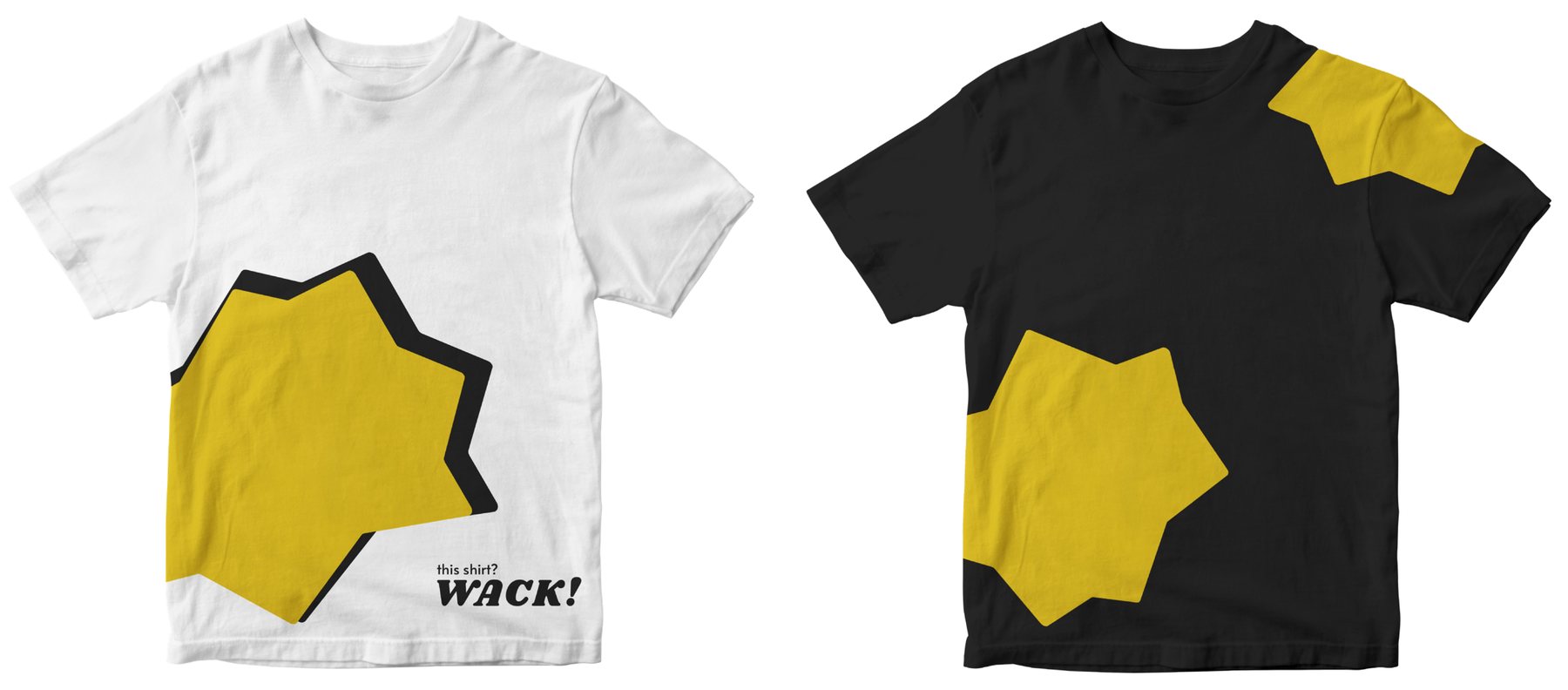 Two T-shirts: white with a big yellow star and the small logo, and black with yellow stars