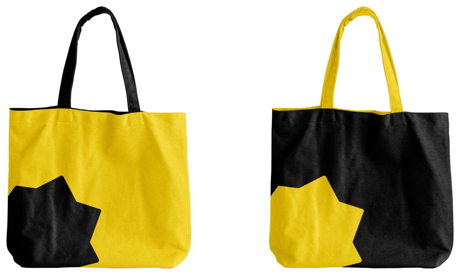 Two tote bags: yellow with a black star, and black with a yellow star